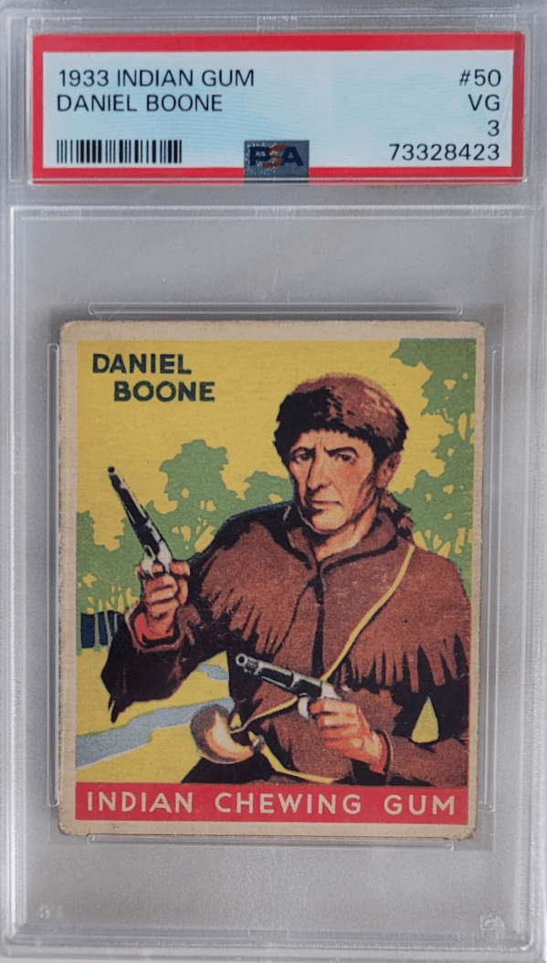 1933 Indian Chewing gum trading card of Daniel Boone Attachment options… Back of the Daniel Boone Trading card stating one of
