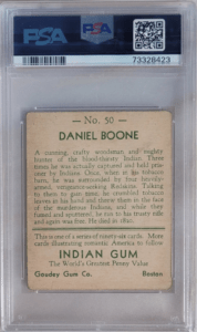 Back of the Daniel Boone Trading card stating one of his many legendary exploits