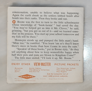 Back page of View Master Daniel Boone Reel Booklet